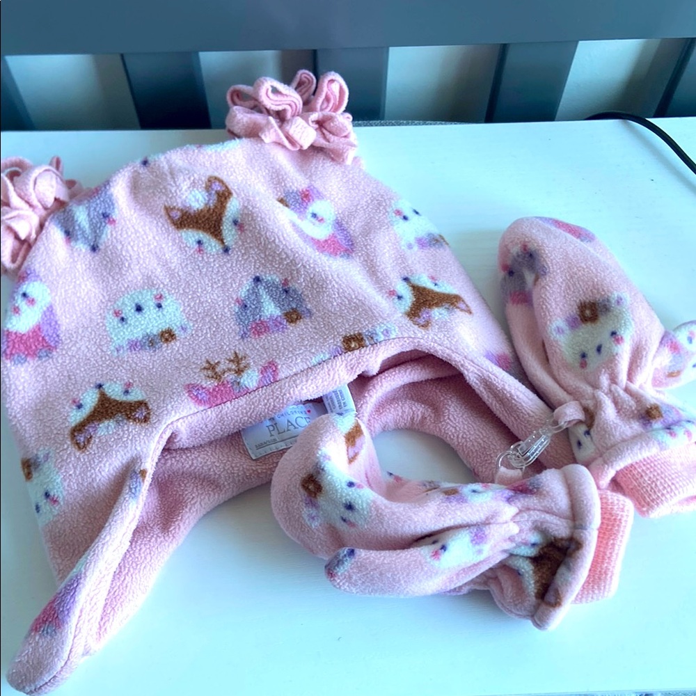 Pink Fleece Hat and Mittens Set with Animal Print